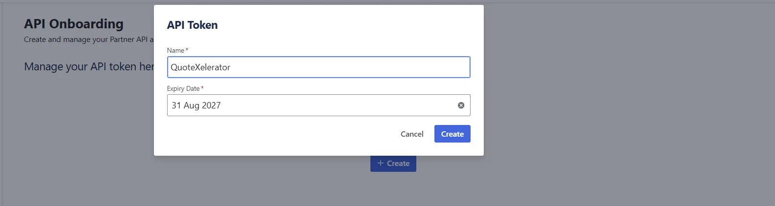 The API Token dialog with the name QuoteXelerator and an expiry date filled in.