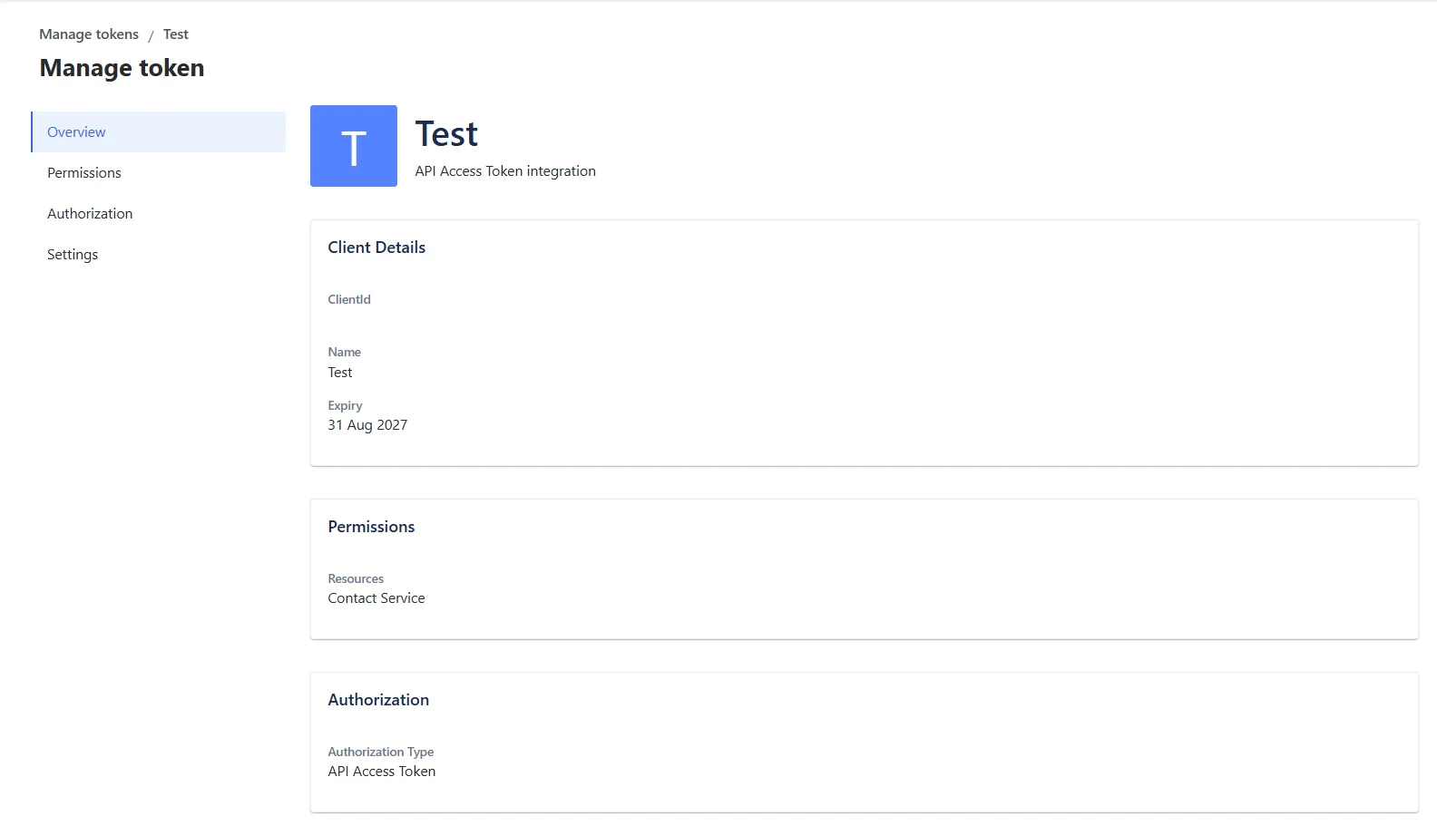 The Manage token overview with Overview, Permissions, Authorization and Settings in the left menu.