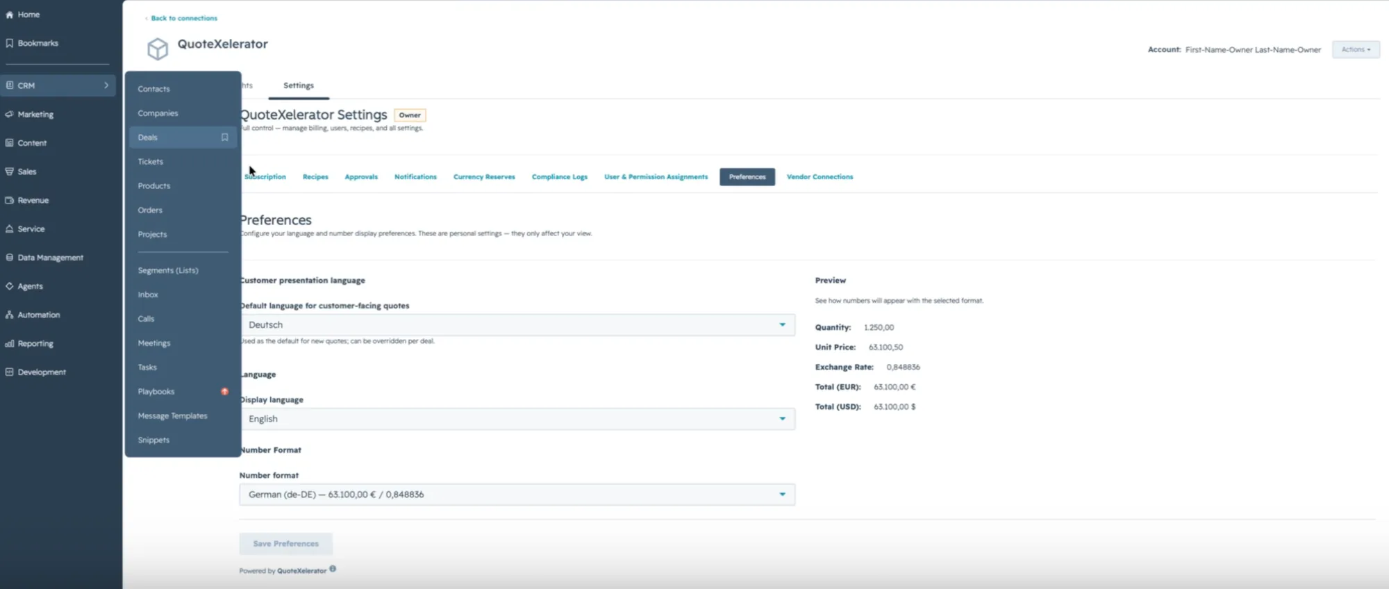 The HubSpot CRM menu open with Deals highlighted.