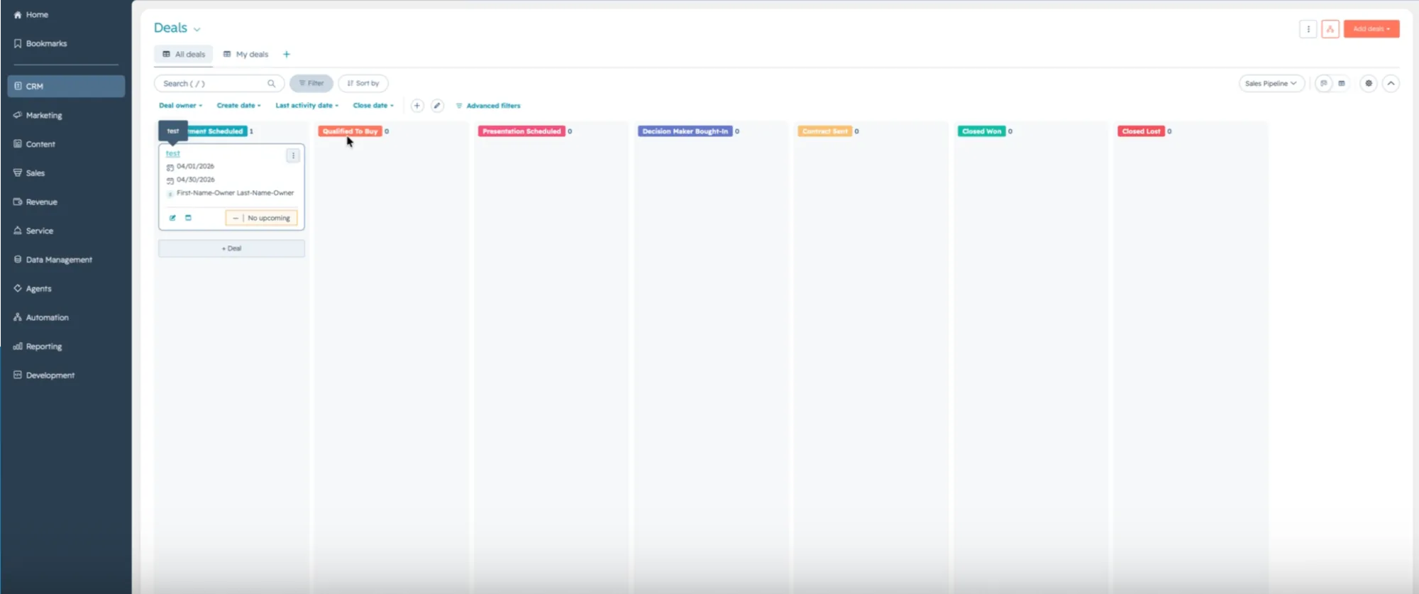 The deals board with one deal card.