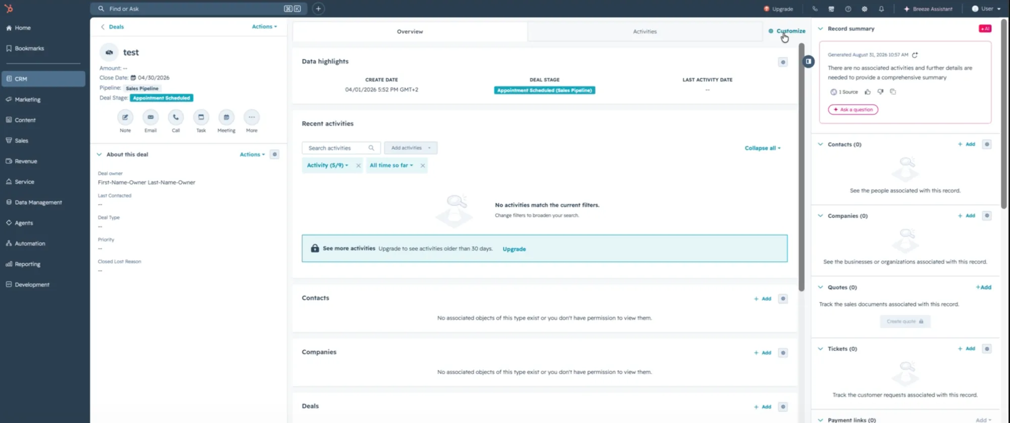 A deal record with the Customize link highlighted at the top right of the middle column.