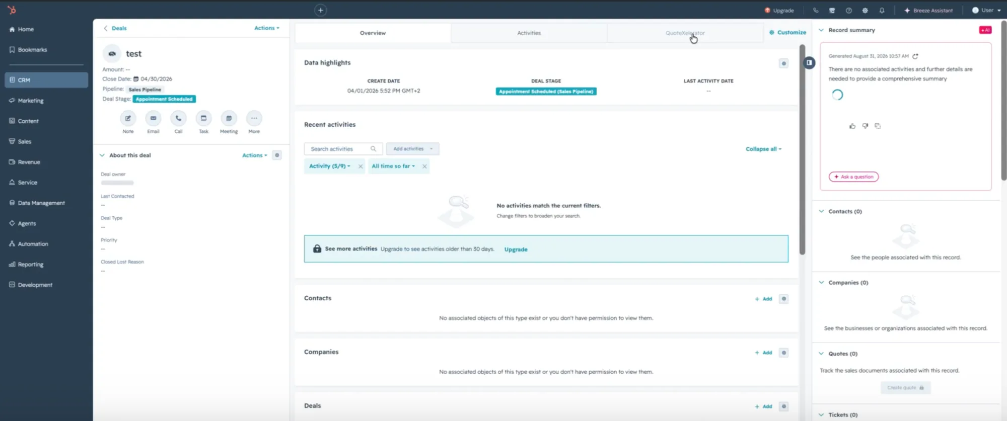 A deal record with the new QuoteXelerator tab next to Overview and Activities.
