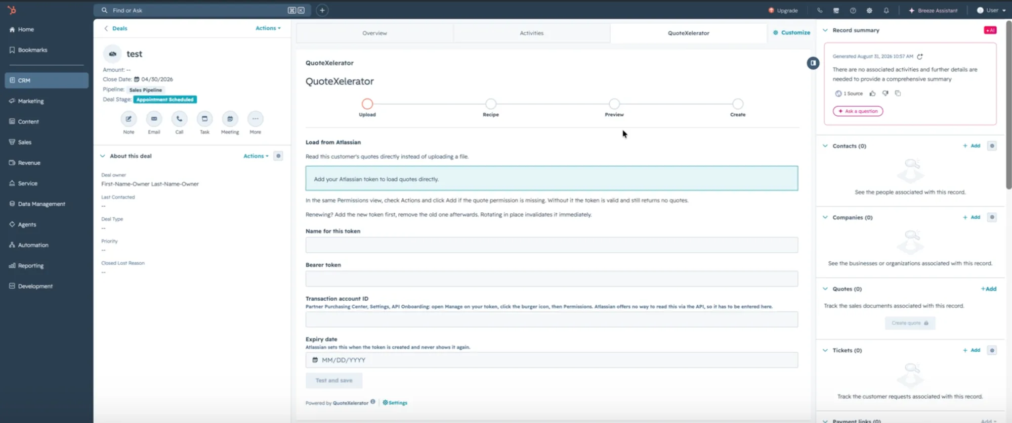 The QuoteXelerator card on a deal showing the Load from Atlassian form with fields for name, bearer token, transaction account ID and expiry date.