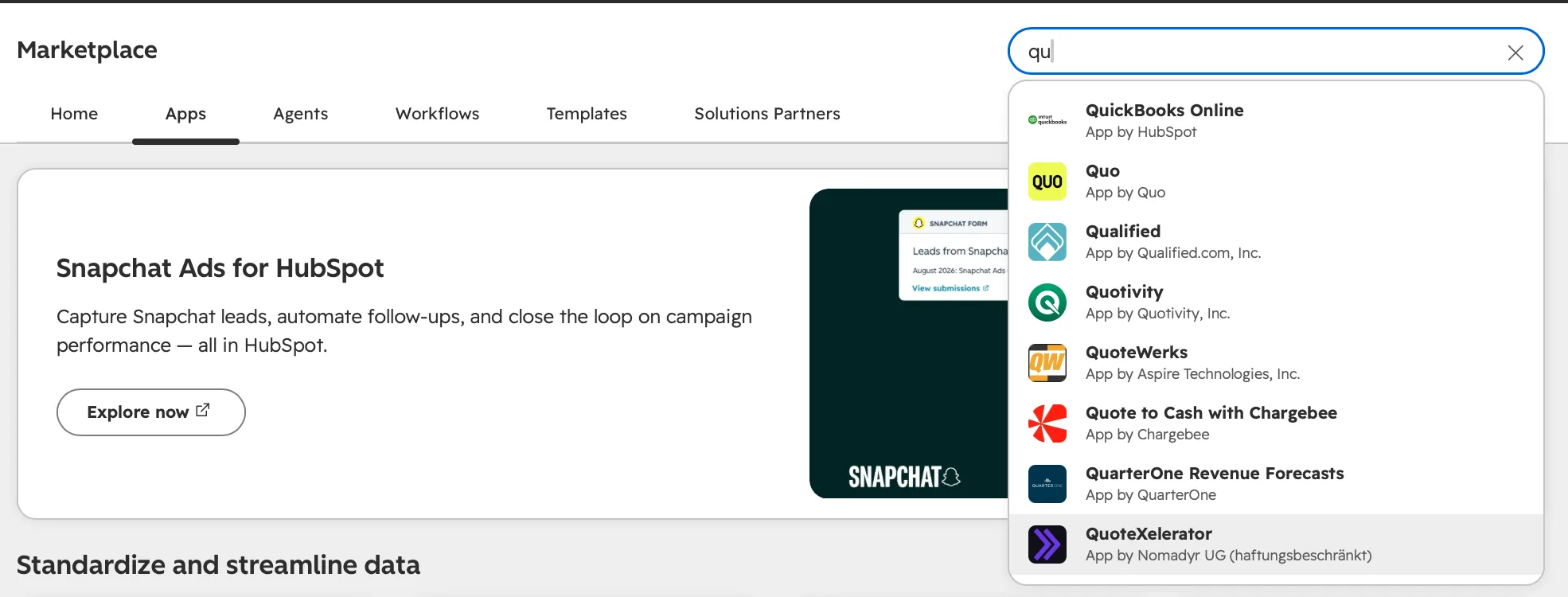 The HubSpot Marketplace with the app search open and QuoteXelerator, App by Nomadyr UG, highlighted in the results.