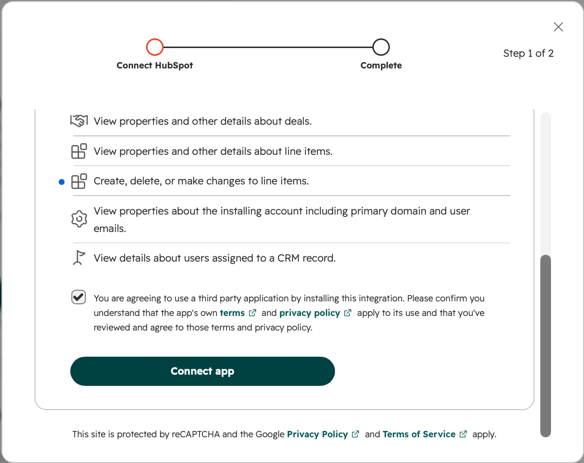 The HubSpot install dialog, step 1 of 2, listing access to deals, line items, account information and users assigned to records, with the terms checkbox ticked and the Connect app button.