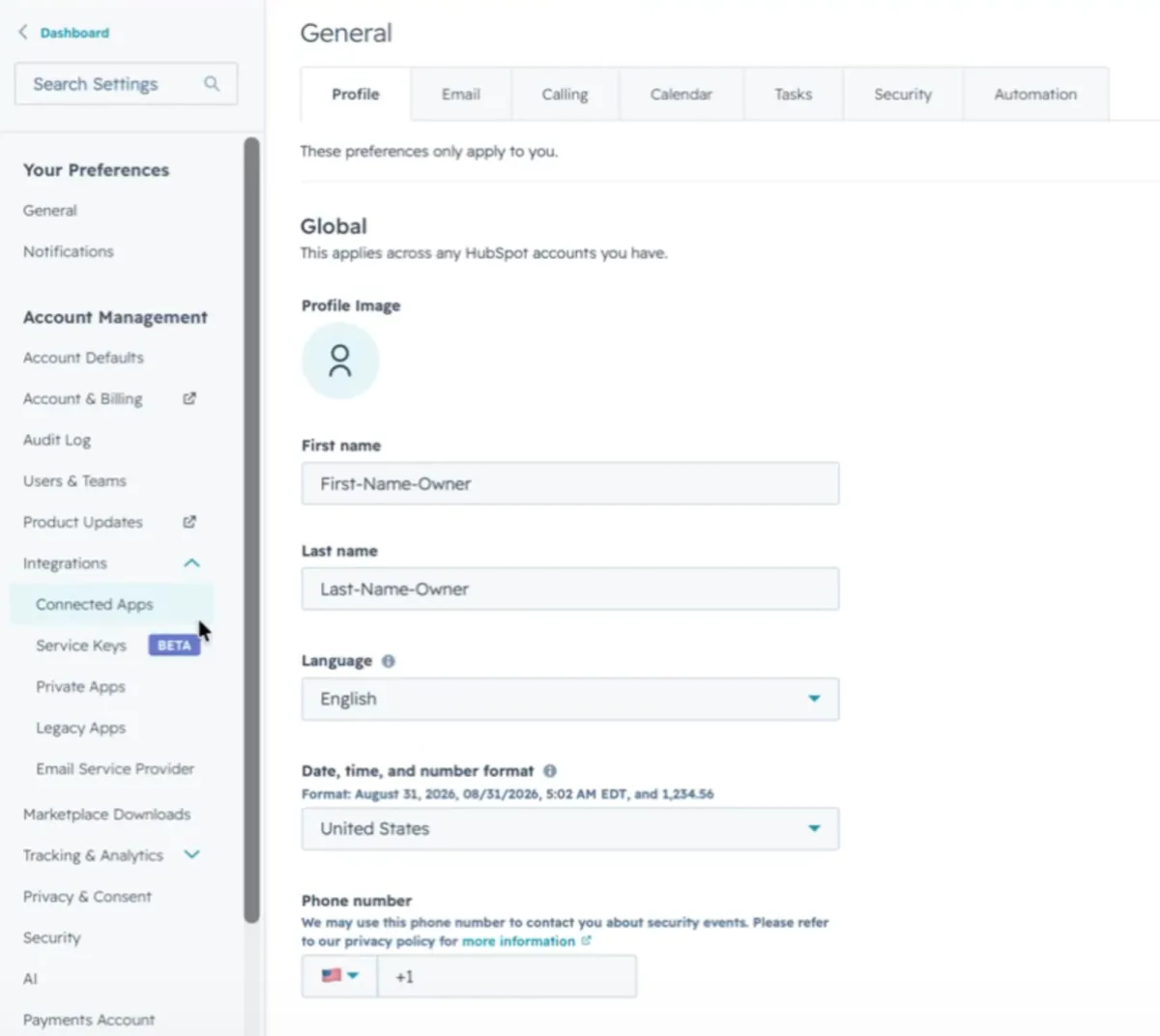 HubSpot settings with Integrations expanded and Connected Apps highlighted in the left menu.