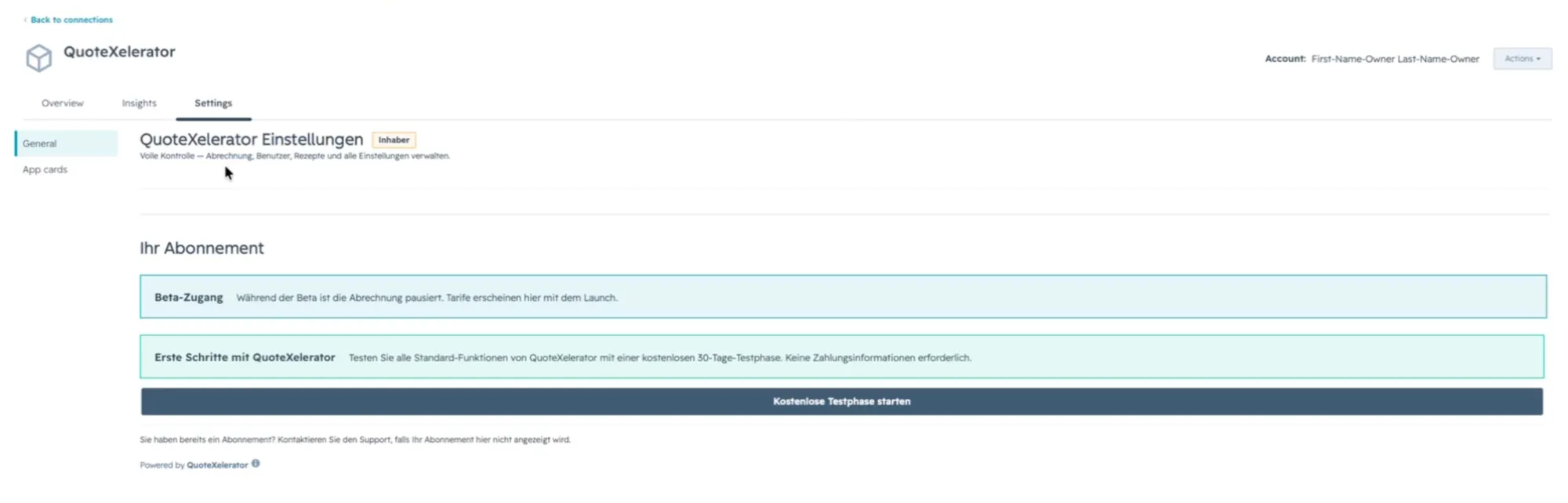 The QuoteXelerator settings page showing the subscription section and the button to start the free trial.