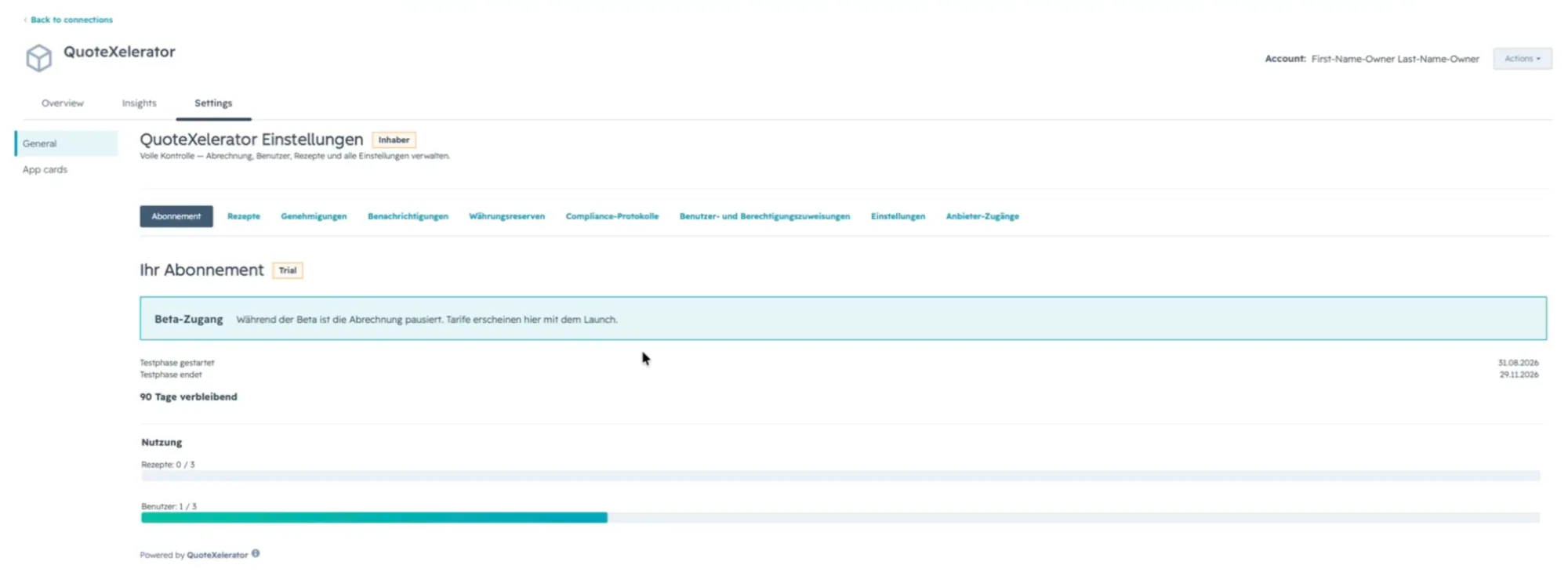 The settings page after the trial started, with tabs for subscription, recipes, approvals, notifications, currency reserves, compliance logs, user assignments, preferences and vendor connections.