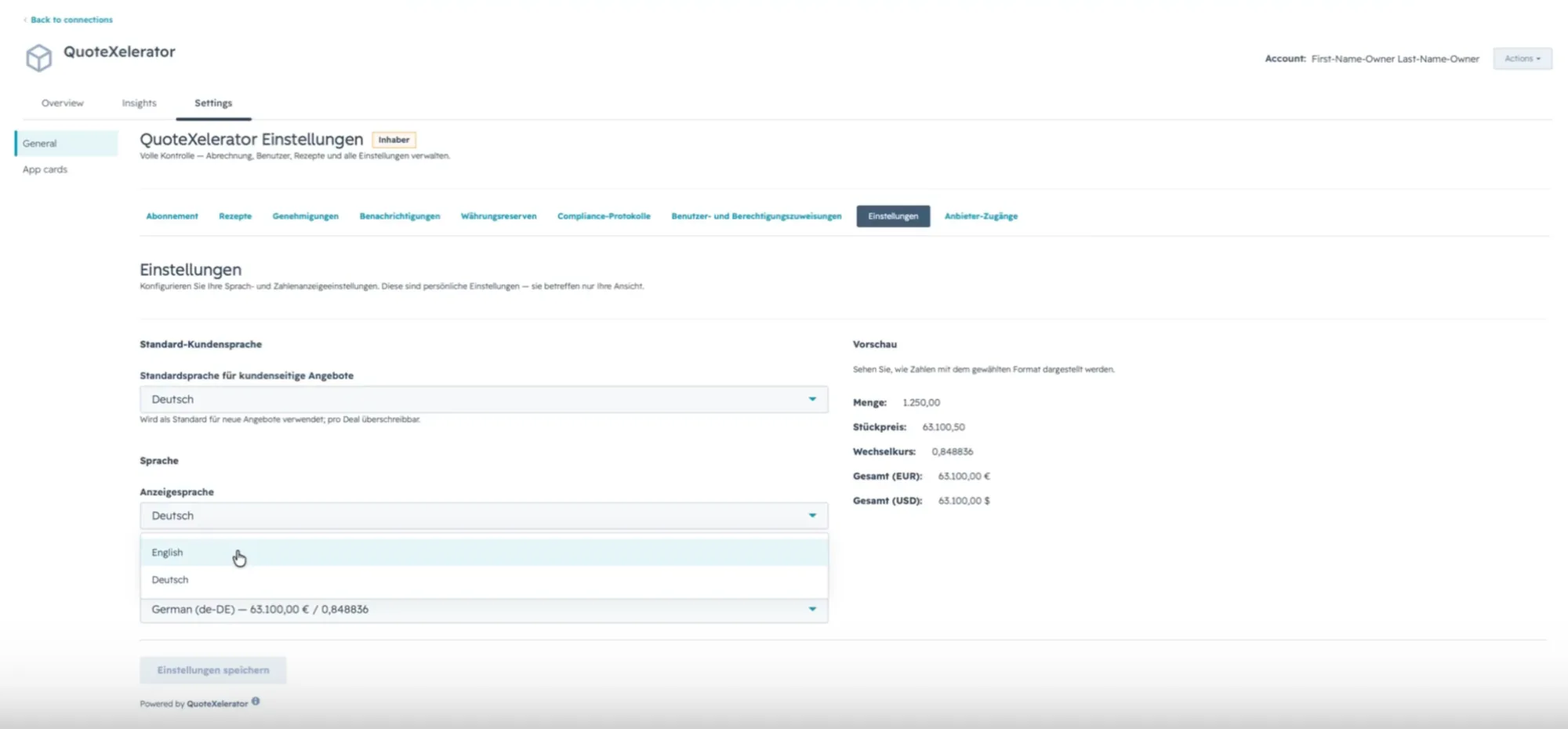 The Preferences tab with the display language dropdown open, showing English and Deutsch.