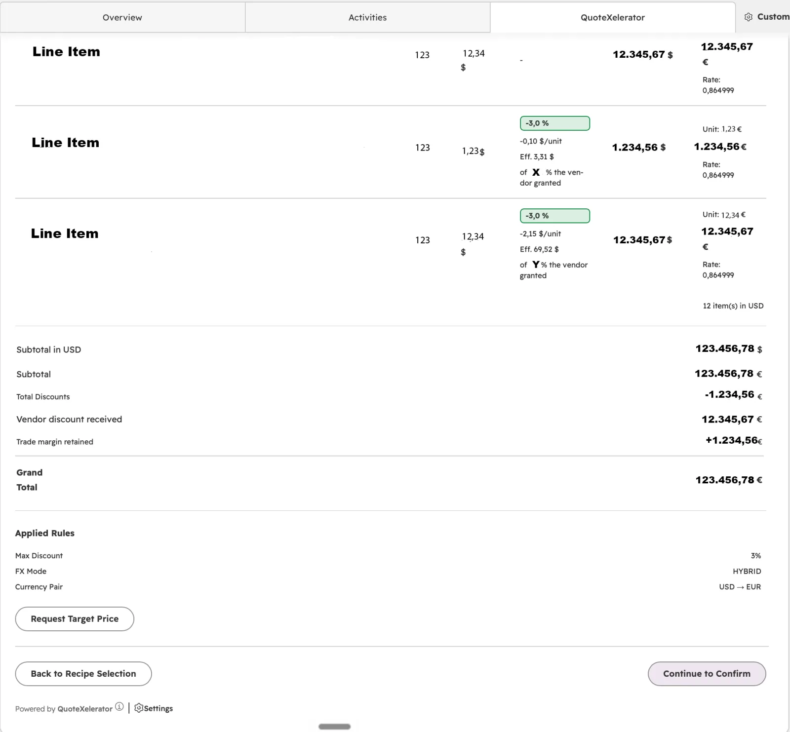 The bottom of the preview with totals, vendor discount received, trade margin retained, the applied rules, and the Request Target Price and Continue to Confirm buttons.